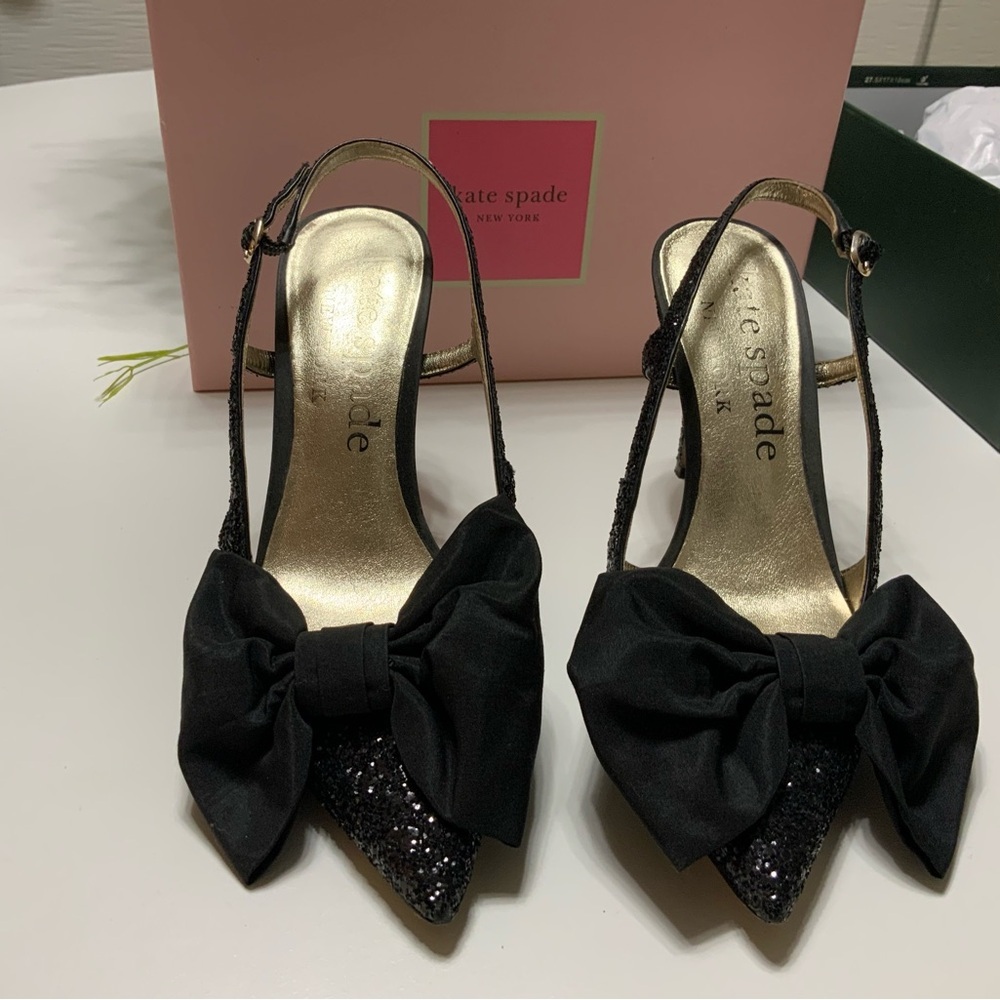 Kate Spade Sheela Black Glitter with Silk Bow Sling back heels